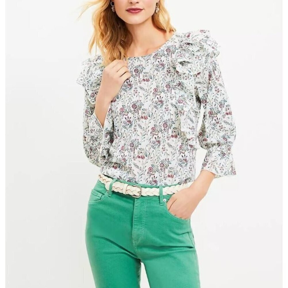 LOFT Top Womens Large Floral Ruffle Swiss Dot Prairie Cottagecore Romantic - Picture 6 of 10